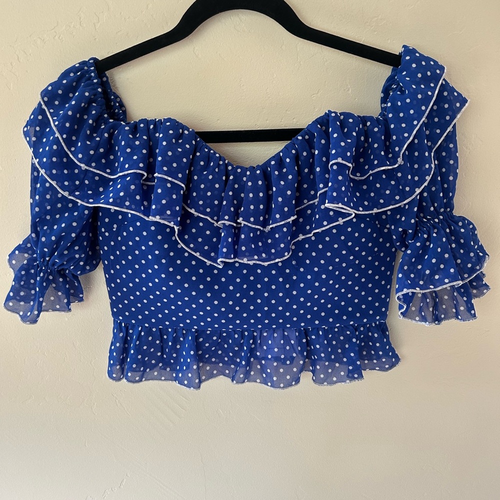 Lovers + Friends Blue Puff Sleeve Crop Blouse